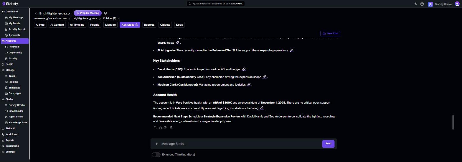 Statisfy Stella generating a CS-to-AE expansion handoff brief from the chat interface