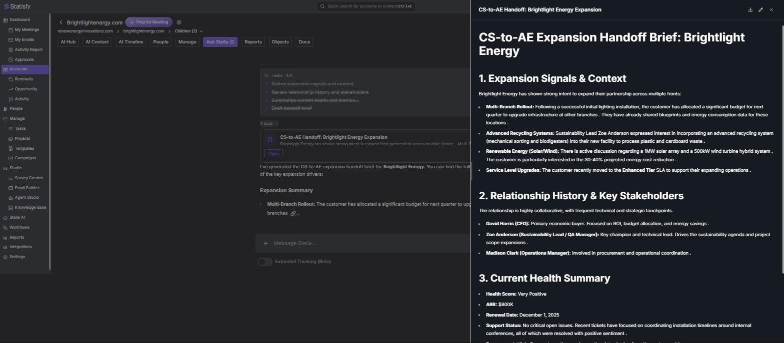 Statisfy CS-to-AE Handoff Brief opened in the side panel — auto-generated expansion brief